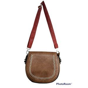 Urban Expressions Saddle Bag Purse Brown Woven Large Faux Leather Boho‎